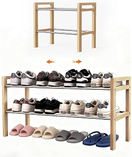 LEMIKKLE Shoe Rack Wooden, 2-Tier Oak Shoe Rack Expandable Stainless Steel Design, Ideal for Small Shoe Storage for Narrow Space, Suitable for Entrances, Garages, Bedrooms