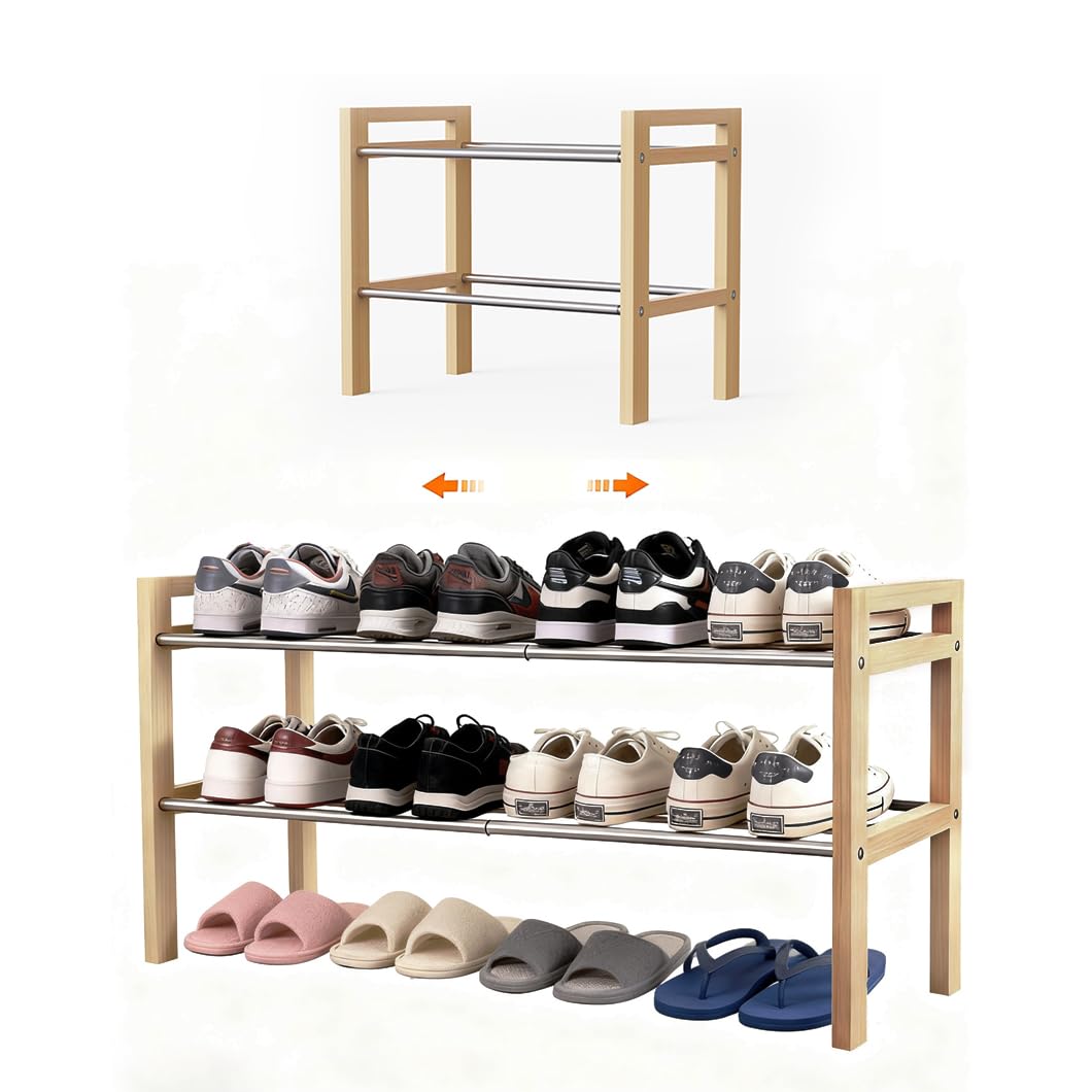 LEMIKKLE Shoe Rack Wooden, 2-Tier Oak Shoe Rack Expandable Stainless Steel Desig
