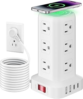 Tower Power Bar with USB C, SMALLRT 10FT Flat Plug Extension Cord Indoor with Multiple Outlets, Desktop Power Strip with 12 Outlet Extender 4 USB for Home Office Dorm Essentials, White