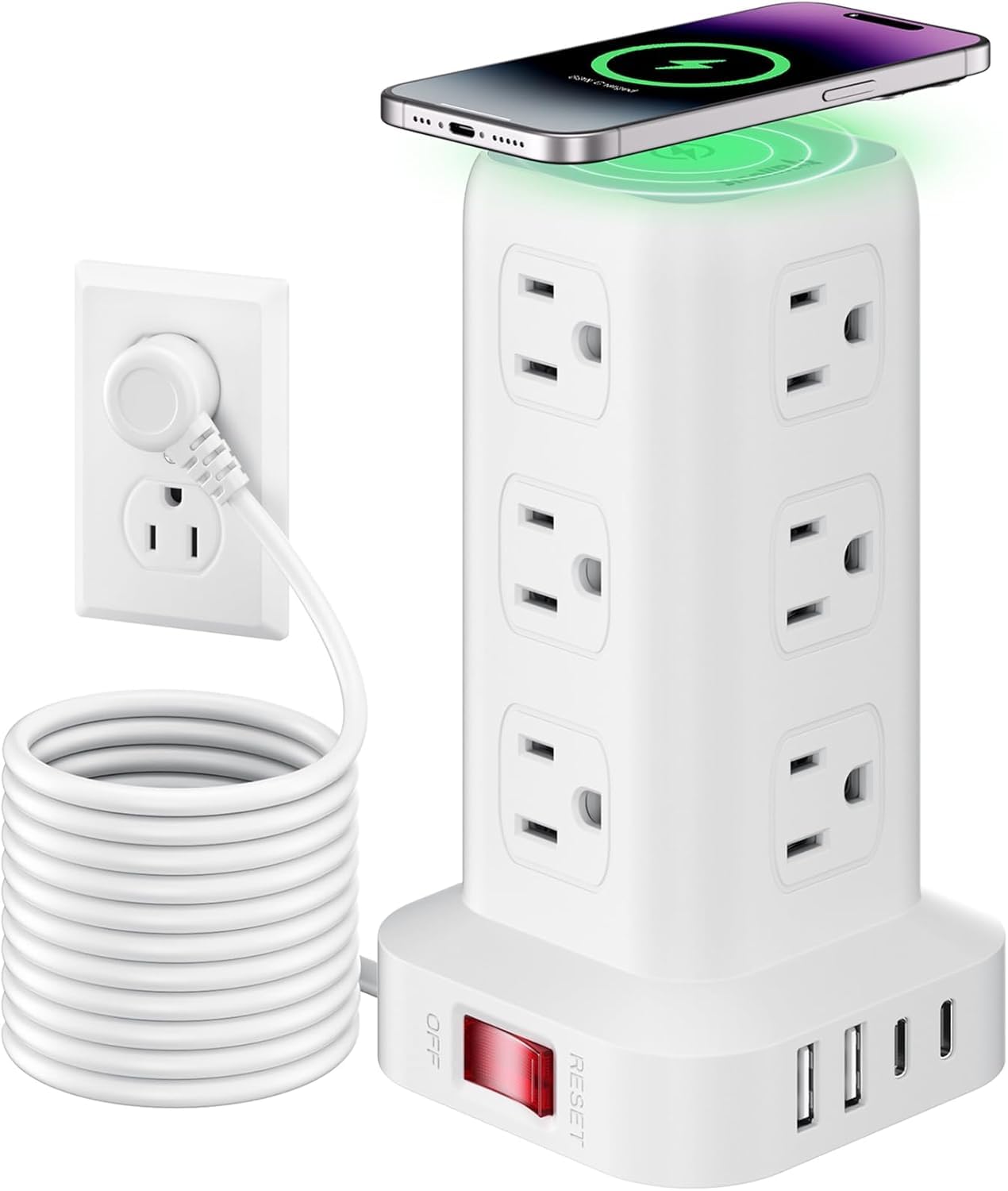 Tower Power Bar with USB C, SMALLRT 10FT Flat Plug Extension Cord Indoor with Mu