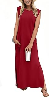 GRECERELLE 2026 Women Year-Round Casual Round Neck Loose Split Wrinkle-Free Long Maxi Vacation Dress with Pockets (XXS-4XL)