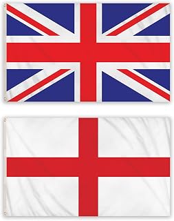 5x3ft Pack of 2 Flags - 1x Union Jack Flag, 1x England St George - Large Flag with Eyelets Great Britain Indoor Outdoor Use Red White and Blue UK