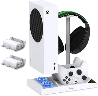 FYOUNG Upgraded Vertical Cooling Fan Stand for Xbox Series S | Cooler Fan System Dual Controller Charging Dock Station with 2 x 1400mAh Rechargeable Battery Pack, Headphone Bracket