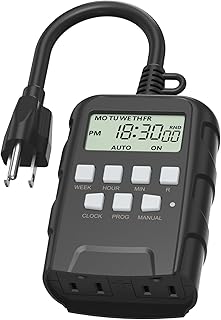 BN-LINK Outdoor 7-Day Programmable Timer Outlet, 2 Outlets | 8 On/Off Programs; Random/DST Modes; 15A/1875W; 3 Prong Digital Timer for Lights, Pump, Sprinkler, Fountain; ETL Listed