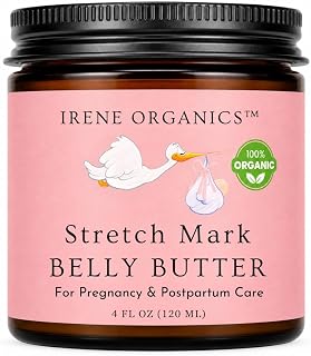 Organic Belly Butter for Pregnancy Stretch Mark Prevention and Treatment by Irene Organics - Award Winning Anti Stretch Mark Tummy Balm For Pregnancy and Postpartum 4oz - Hydrating Bump Cream