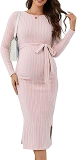 guruixu Crewneck Maternity Sweater Dress Rib Knit Long Sleeve Slit Pregnancy Dress Clothes with Belt