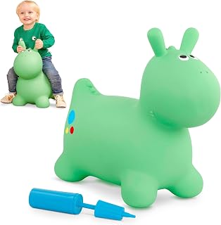 Battat Inflatable Bouncer, Hoppin' Dino Bouncy Animal Ride-On Toy, Dinosaur | Soft inflatable dinosaur bouncer with 1 air pump, easy-grab ears, 4 sturdy feet, 20.8 x 10.2 x 17.7 in, Activity, 18+ Months
