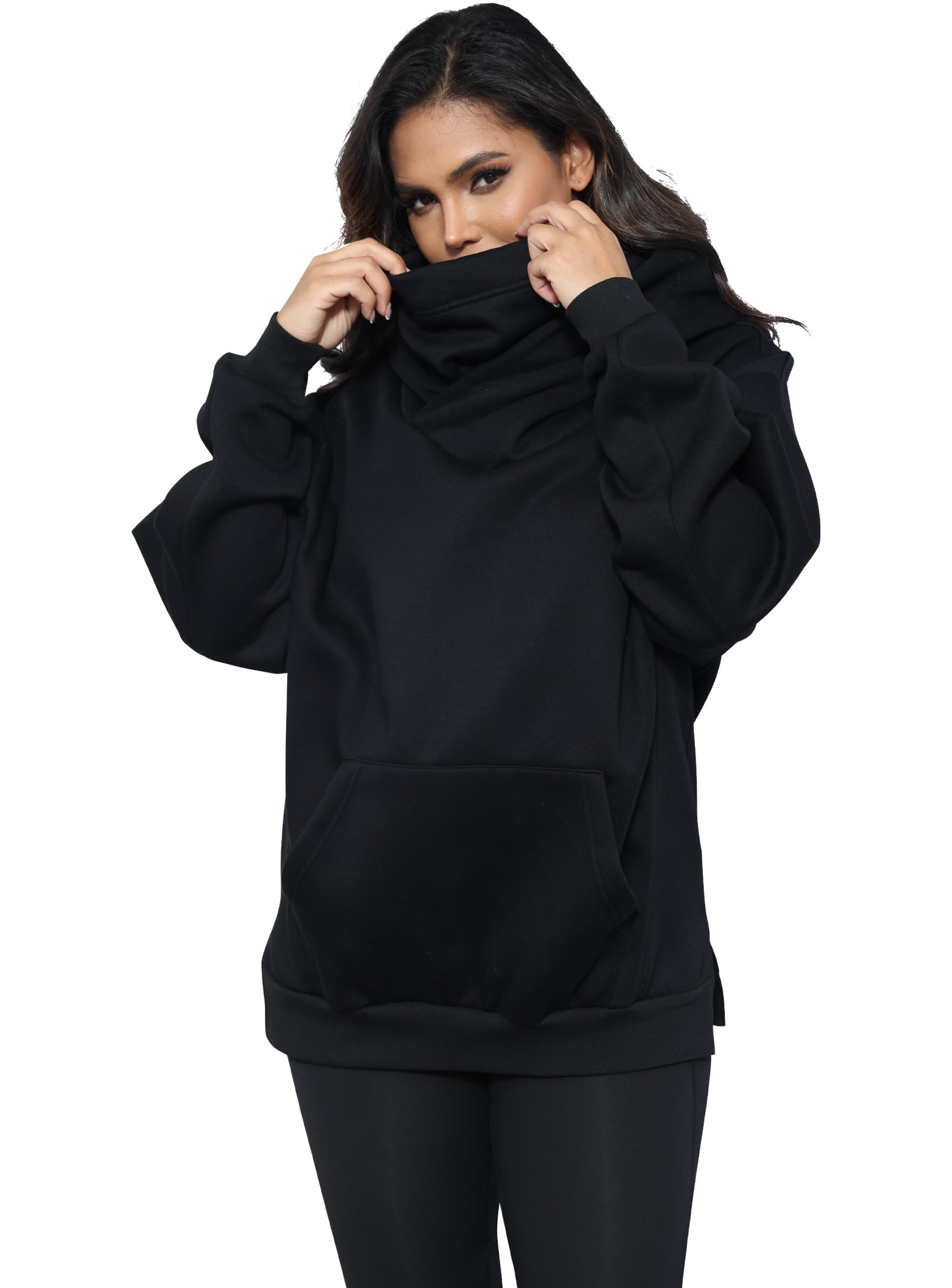 Fleece Hoodie for Women and Scarf Built-in Soft Cotton Pullover Oversize Casual 