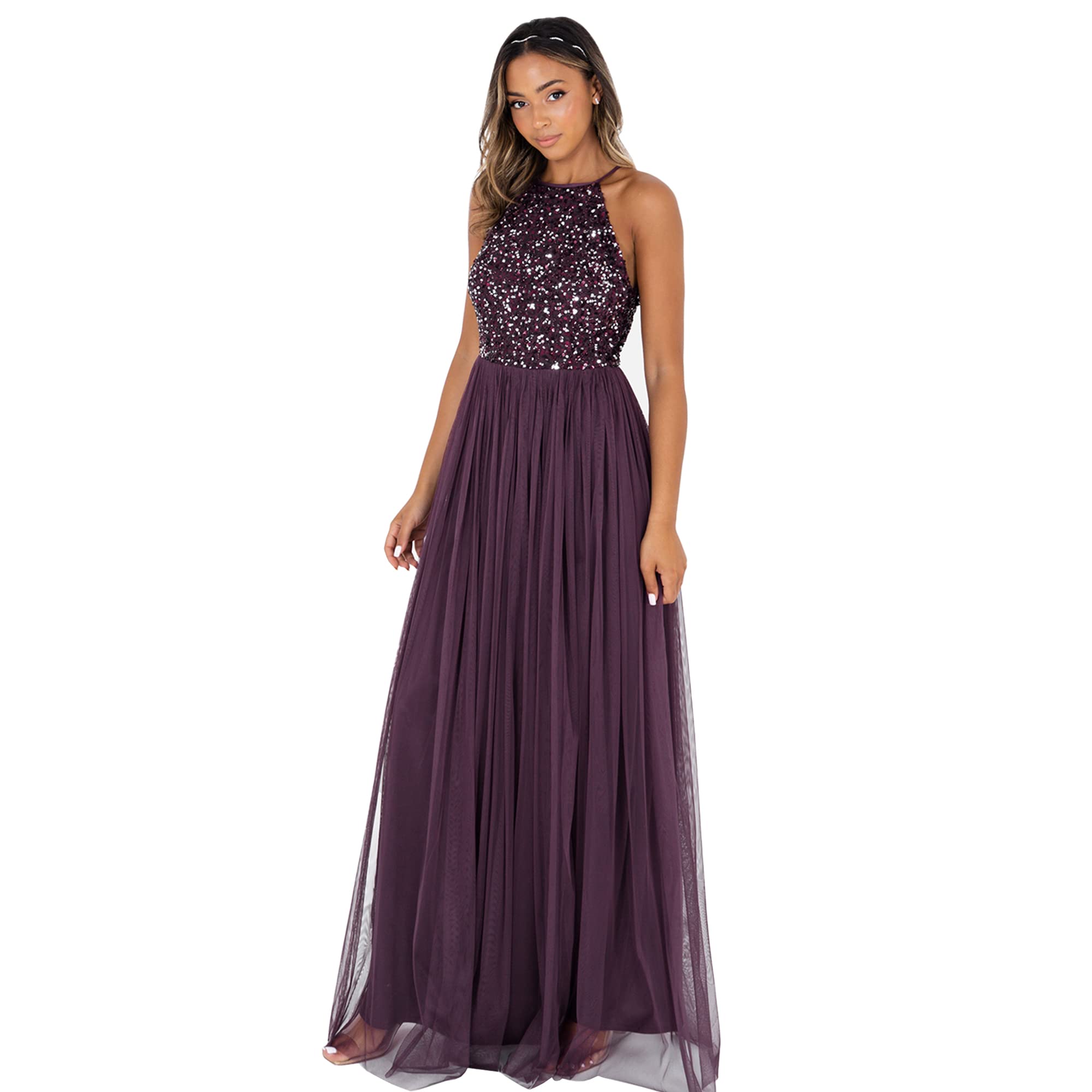 Maya Deluxe Women's Maxi Halter Neck Sequined Evening Dress Long Women's Prom We