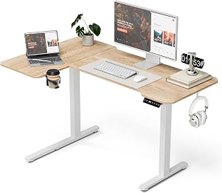 Acrolix L Shaped Electric Standing Desk - 43x31.5 Inch Reversible Corner Sit Stand Desk with Hook&Cup Holder,Electric Height Adjustable Table,for Small Home Office&Bedroom Computer Desk, Oak