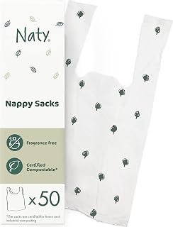 Naty compostable nappy bags with easy tie handles, 50 count | Fragrance-free sacks for baby changing & disposal, travel and pet waste, Plant-based, On-the-go use