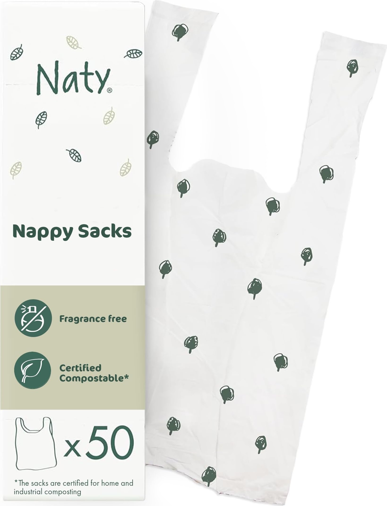 Naty compostable nappy bags with easy tie handles, 50 count | Fragrance-free sac