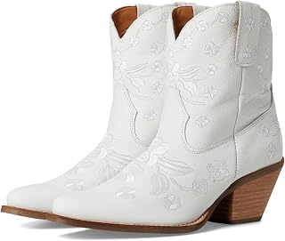Dingo Womens Sweetheart Floral Embroidered Snip Toe Pull On Casual Boots Ankle Mid Heel 2-3" - White
