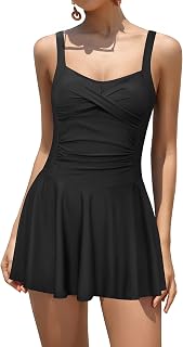 SHEKINI Women's One Piece Twist Front Skirt Swimwear Retro Padded Swim Dress with Shorts