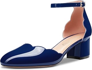 NobleOnly Women's Block Chunky Low Heel Closed Round Toe Straps Ankle Pumps Buckle Wedding Office Party Dress Sandals 5CM Heels