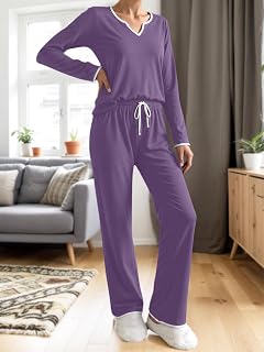 Set pigiama da donna, 2 pezzi, 2026, con scollo a V, maglia a maniche lunghe e pantaloni con coulisse, per inverno e autunno