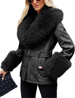 Bellivera Women's Faux Leather Trench Coat Fleece Lined Mid Length Jacket with Detachable Fur Collar