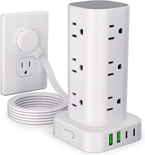 6FT Power Strip Tower Surge Protector, 12 Wide Spaced Outlets, 4 USB | 16-in-1 Desktop Charging Station with 2USB-C, 2USB-A, Flat Plug, 6FT Cord, 1800J Surge Protection for Home Office, Dorm White