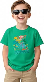 Haloumoning Maglietta a maniche corte per bambini con grafica a forma di dinosauro, animali, spiaggia, estate, girocollo, 9M-8Y