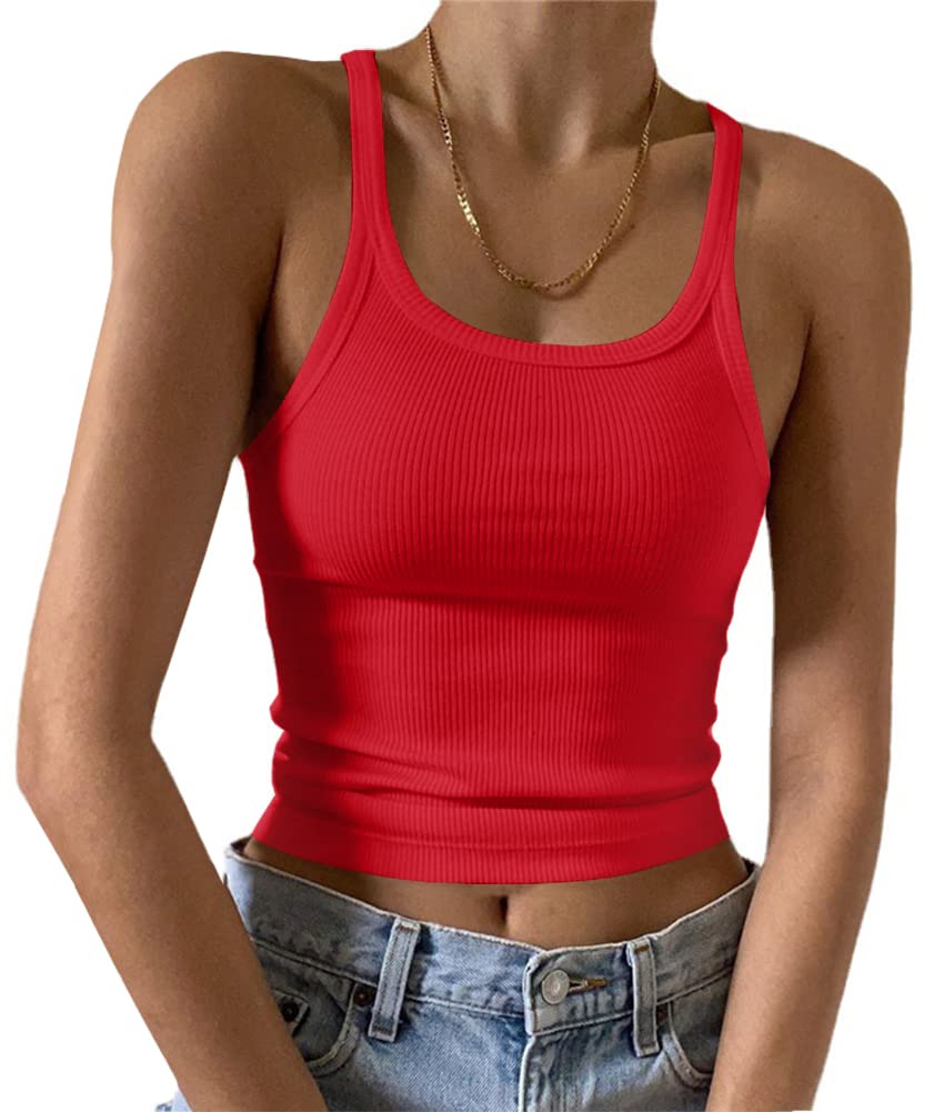 Artfish Women Sleeveless Tank Top Bodycon Crew Neck Ribbed Knit Simple Design Ba
