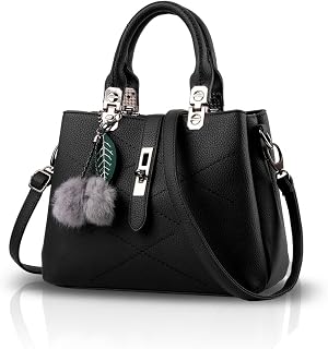 NICOLE & DORIS 2024 Women's Leather Handbag Fashion Shoulder Bag with Pompom Removable Shoulder Strap Handbag Black