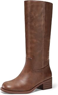 Coutgo Ladies Square Toe Wide Heel Comfort Low Heel Knee High Boots