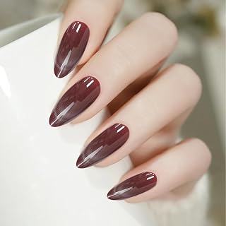 Almond Shape French Cat Ice Press On Nail Glossy Magnetic Effect and Star French Reusable Soft Gel Fake Nail Set for DIY Manicure 24 Pieces (Dark Red)