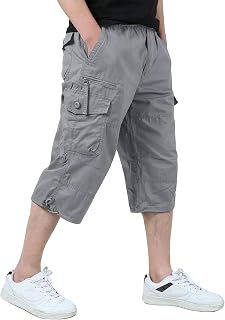KEFITEVD 3/4 Casual Shorts for Man Elastic Waist Cotton Work Pants Outdoor Summer Cargo Shorts with Pockets
