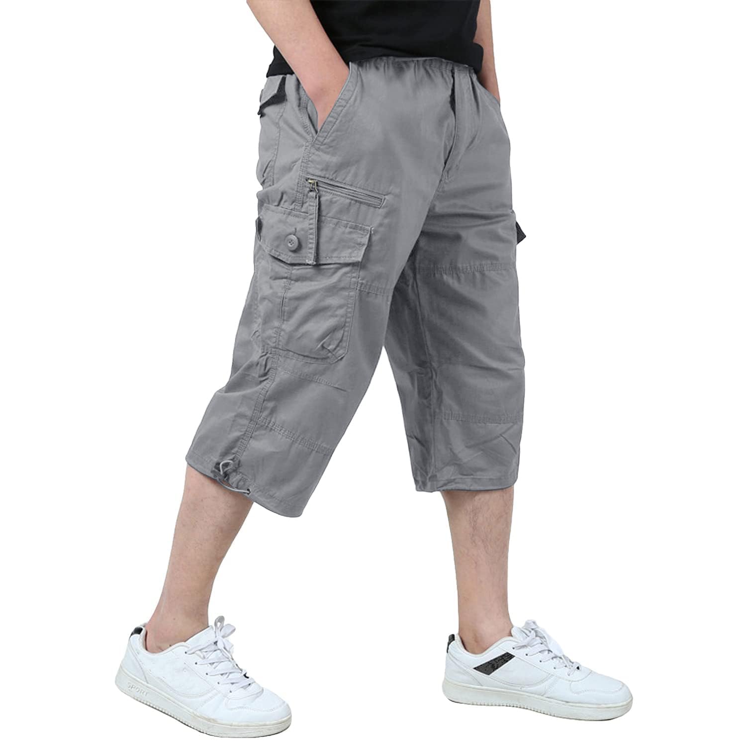 KEFITEVD 3/4 Casual Shorts for Man Elastic Waist Cotton Work Pants Outdoor Summe