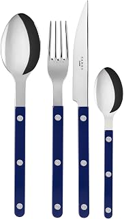 Sabre Paris | Bistro 4-Piece Cutlery Set 24 cm Navy Blue and Gloss Finish 4 Piece Set Includes Stainless Steel Knife, Fork, Soup Spoon and Spoon