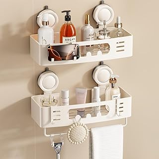 Voldra Shower Caddy Suction Cup No Drilling, Bathroom Shelves Shower Storage Wall Mounted Aluminum Bathroom Caddy Shower Organiser Rack With 4 Removable Hooks and Towel Bar(2 Pack, White)