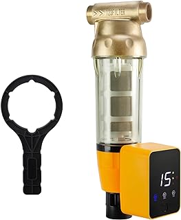 iSpring WSP50ARB Big Spin Down Sediment Filter, Sediment Buster, 50 Micron | Whole House Water Prefilter for Well Water, Auto Flushing Module, 316L Stainless Steel Mesh, Built-In Scraper, Brass Top
