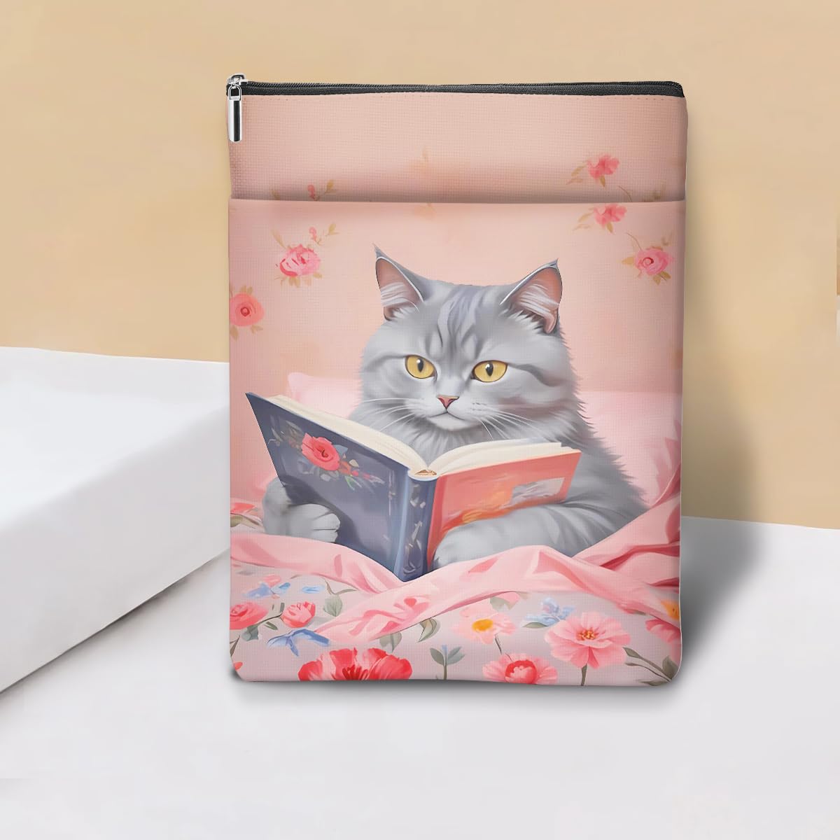 Funny Book Cover with Cat,Book Lover Cover with Zipper and Front Pocket, 11.5" x