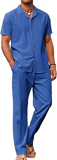 COOFANDY - Conjunto de 2 piezas de lino para hombre, camisa con botones y pantalones holgados informales, Azul real, 3X-Large