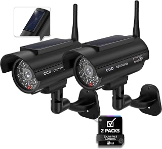 WALI Solar Powered Fake Security Camera, Red Light & Antenna, 2 Pack, Black | Dummy Cameras for Outside, Wireless Simulated Cam, Realistic Look, Solar Panel, Weatherproof, Warning Sticker Included