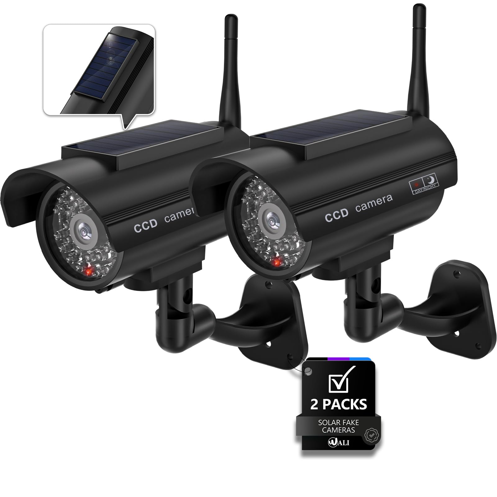 WALI Solar Powered Fake Security Camera, Red Light & Antenna, 2 Pack, Black | Du