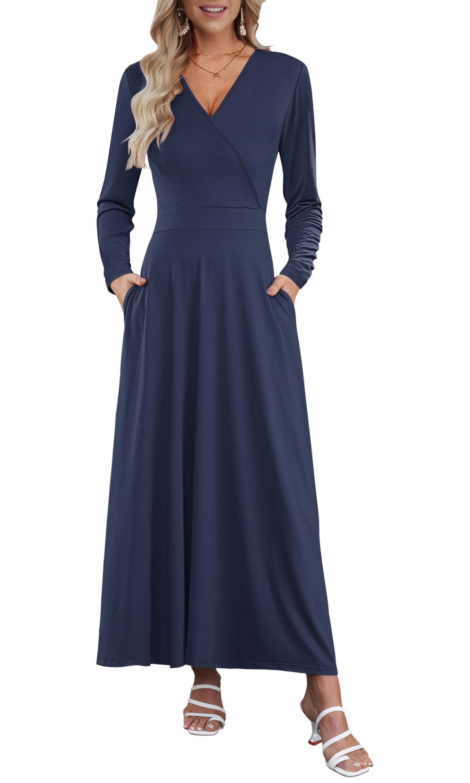 AUSELILY Long Sleeve Maxi Dress for Women Fall V Neck Wrap Dress