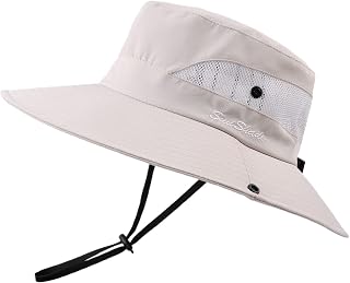 PESAAT Women Men Fishing Hat Summer Sun Hats for Women UV Protection Wide Brim Bucket Hats with Ponytail-Hole