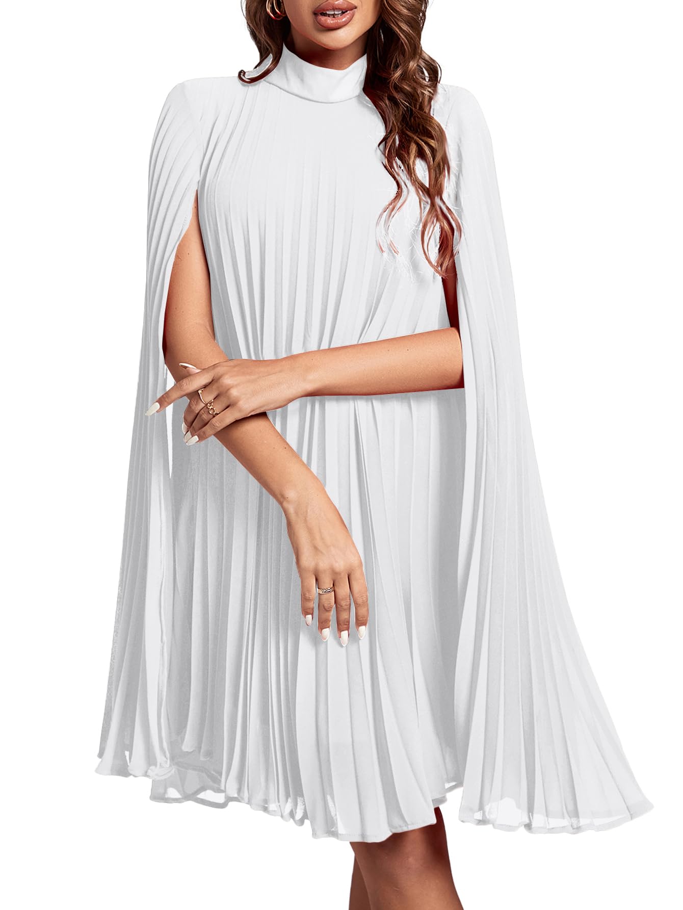 Rooscier Women's Mock Neck Cloak Sleeve Pleated Keyhole Back Flowy Party Midi Dr