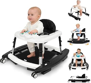 Tickeagle 5-in-1 Baby Walker for Boys and Girls Music and Lights 6-18 Month, Foldable Baby Walkers with 5 Adjustable Heights, Infant Toddler Walker with Wheels and Combo Portable(Black)