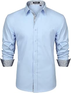 HISDERN Men's Inner Contrast Shirt Casual Formal Classic Button Down Dress Shirts Long Sleeve Plaid Collar Regular Fit