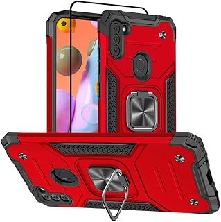 HNHYGETE for Samsung A11 Phone Case with Screen Protector, Hard Rubber Bumper with 360° Rotation Ring Kickstand Cases for Samsung Galaxy A11 (Red)