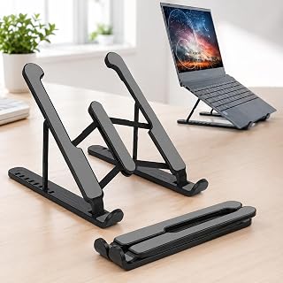 ABS Laptop Stand, Adjustable Laptop Riser with, Foldable and Portable Design, Ventilated Cooling Support for Notebooks and Tablets, Compatible with 10–15.6-Inch Devices, Black