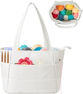 Crochet Bag for Yarn Storage, Puffer Knitting Bag with Soft Handles, Lightweight Yarn Storage Organizer with Zipper for Crochet Accessories, Gifts for Crocheters (Beige)