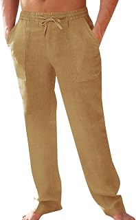 Mens Cotton Linen Pants Elastic Waist Drawstring Casual Pants Lightweight Straight Leg Loose Fit Summer Beach Yoga Pants