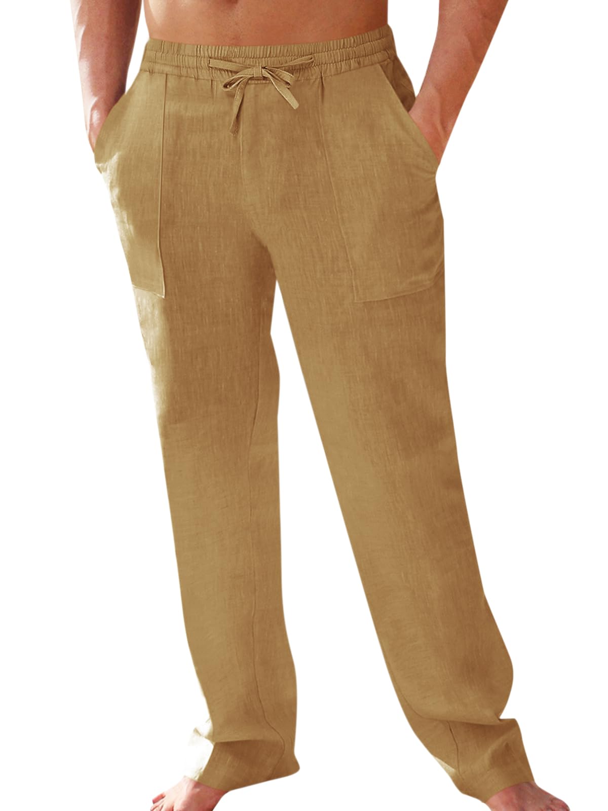 Mens Cotton Linen Pants Elastic Waist Drawstring Casual Pants Lightweight Straig