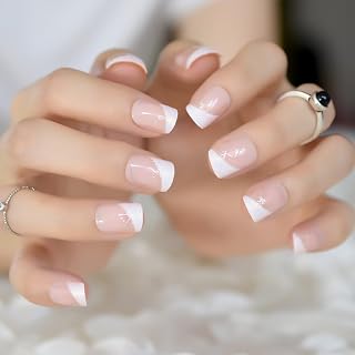 Short Square Press On Nail Nude Glitter French Fake Nails Full Cover Glossy False Nail Kit 24pcs/set
