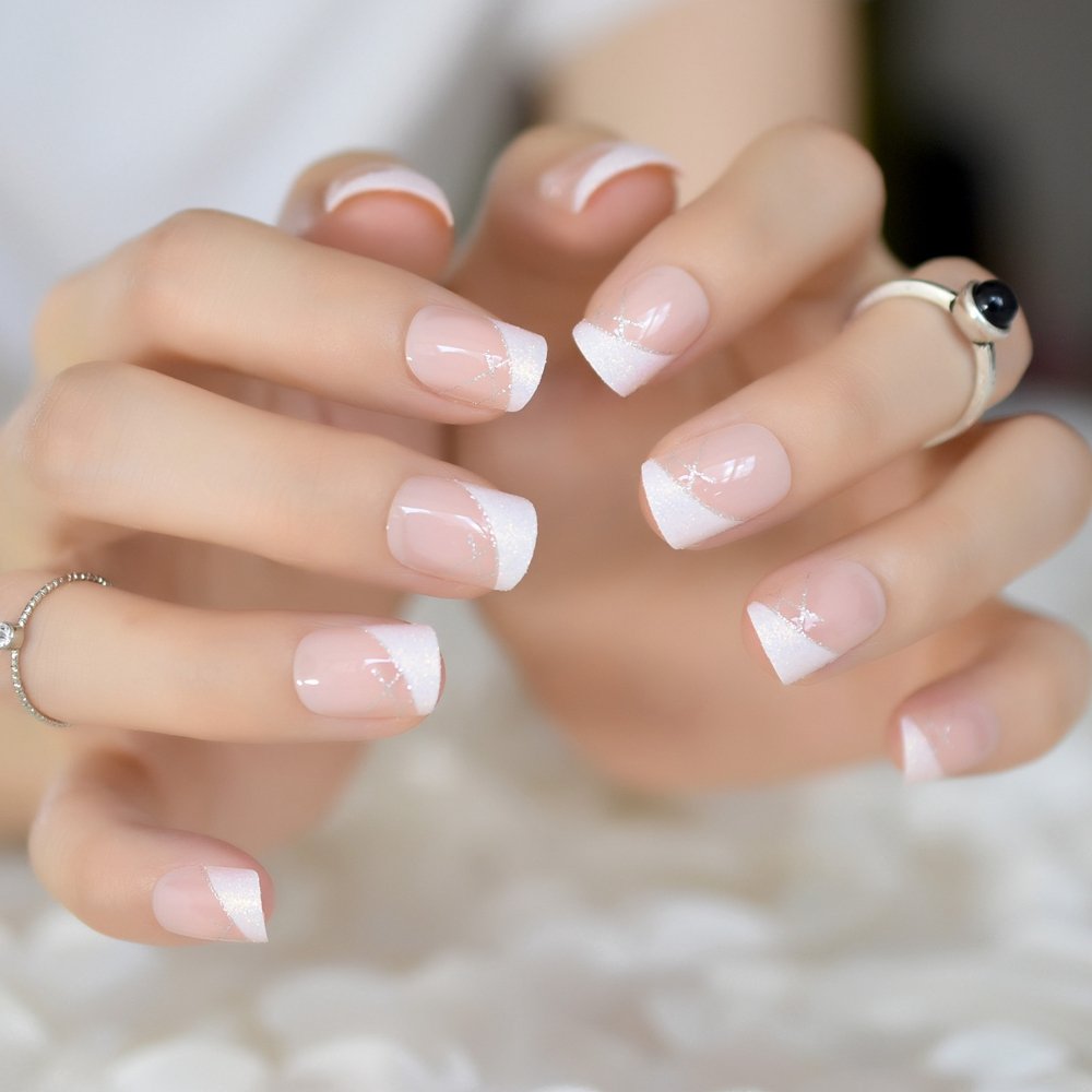 Short Square Press On Nail Nude Glitter French Fake Nails Full Cover Glossy Fals