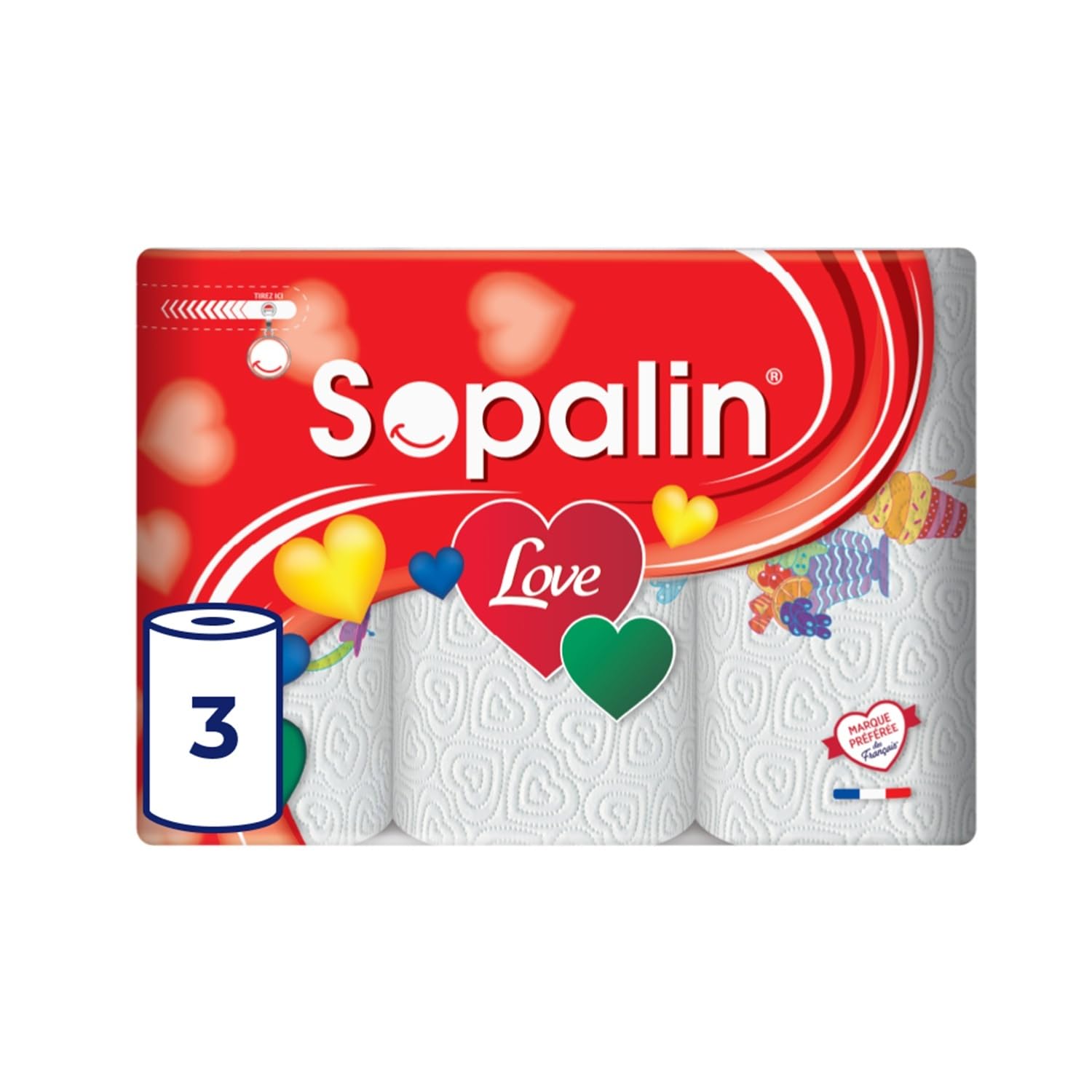 Sopalin Love, 3 Rolls Kitchen Towel, 2 Ply | 47 Sheets per Roll, Decorated with 