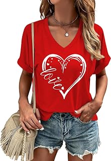 Woffccrd T-shirt da donna a maniche corte con scollo a V, per San Valentino, primaverile, maglietta con grafica a cuore
